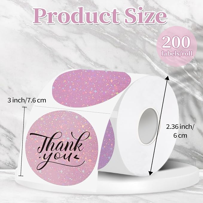 3''Holographic Pink Thermal Label,Round Self-Adhesive Direct Thermal Label,for DIY Logo Design,Name Tag (200/Roll)