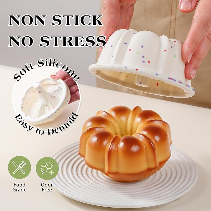 4 Inch Silicone Mini Fluted Tube Cake Pans with Metal Frame, 24 Pcs Nonstick Mini Flan Molds for Baking, BPA Free – Individual Reusable Jello Mold for Small Business or Home Baker(Cream)