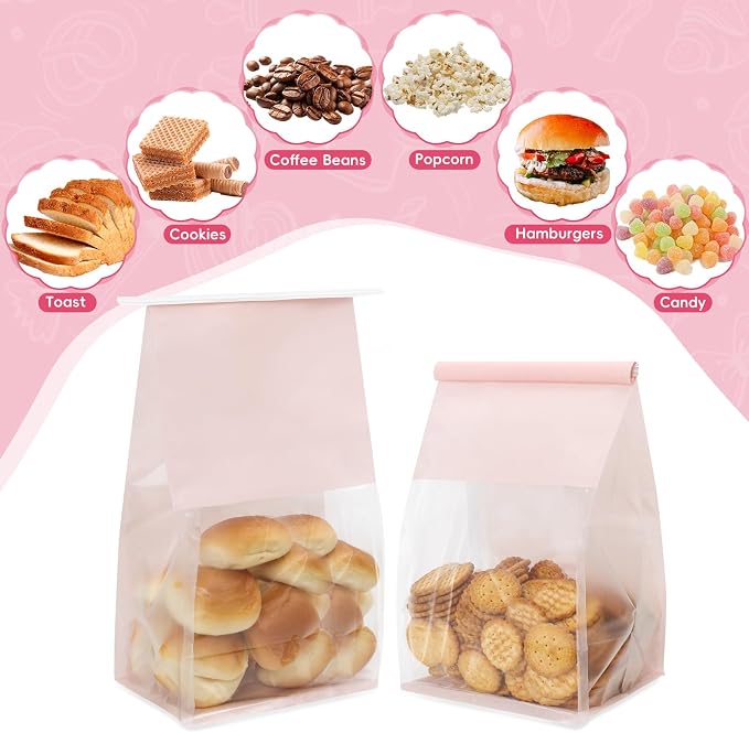 Funcoo 50 pcs Bakery Bags with Window, 6.3'' x 5.1'' x 10.2'' Bakery Cookie Bags with Tin Tie Tab Lock, Paper Bread Bags for for Homemade Bread, Popcorn, Candies, Snack, Baked Goods Packaging(Pink)