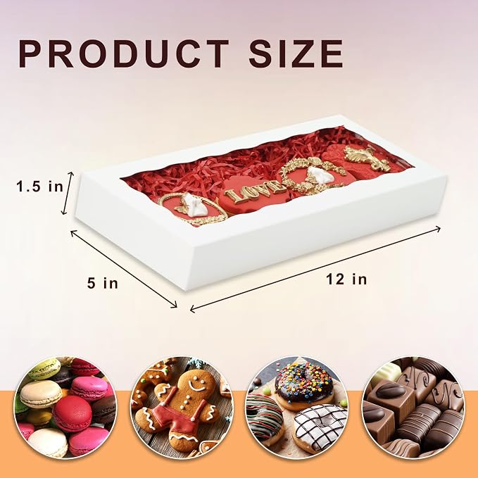 5pcs Cookie Boxes 12 x 5 x 1.5 Inch Bakery Boxes with window Chocolate Covered Strawberries Box for Christmas Valentine's Mother's Day- White
