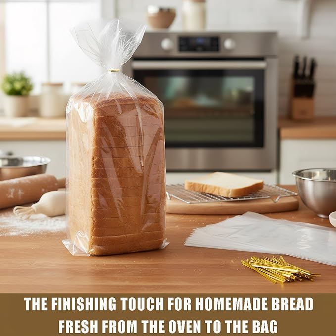 Nicunom 300 Pack Clear Bread Bags with Ties,18x4x8 Inches Plastic Bread Bag Bulk Sourdough Bags Reusable Breads Loaf Packing Bags for Homemade Breads and Bakery Use