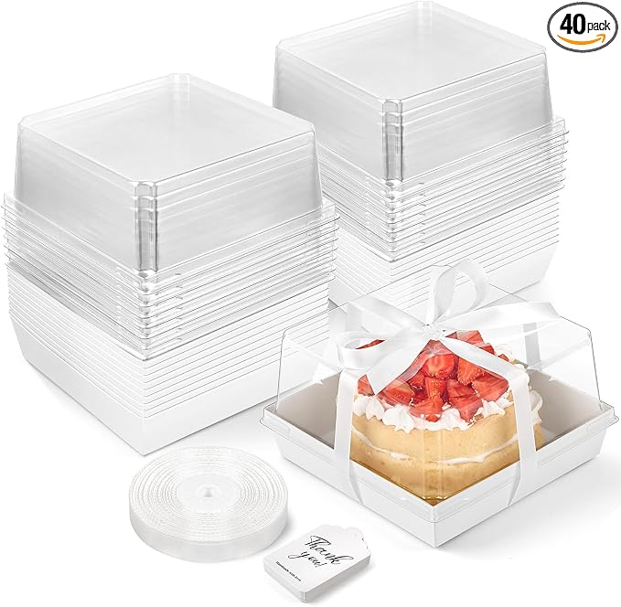 ZORRITA Paper Cake Boxes with Clear Lids, 7" x 7" x 4", 40 Pack, White | Disposable, Square Food Containers, For 4-6 Inch Cake, Dessert, Pie, Cupcake, Bakery, Charcuterie