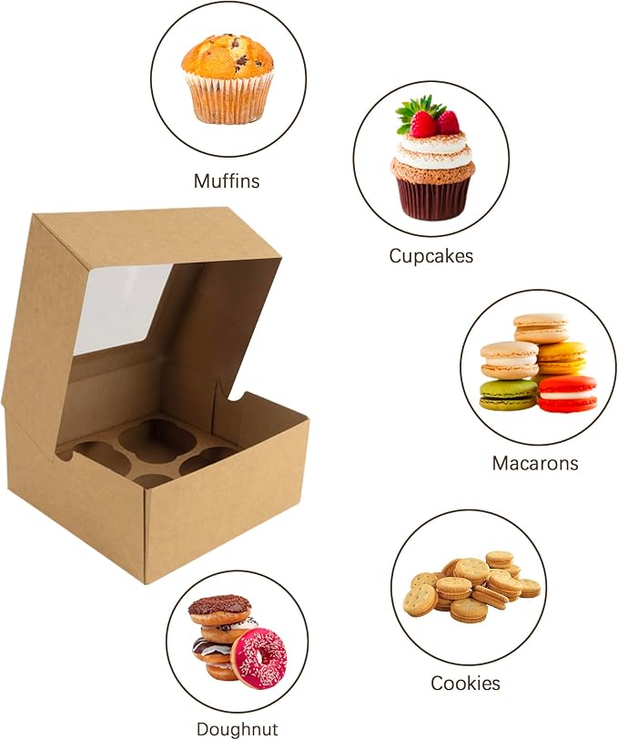 Jotique Cupcake Boxes with Window, 30 Sets 6x6x3 Inch Kraft Paper Bakery Boxes for Cookies and Muffins, Sturdy Disposable Treat Boxes for Pastry, Baked Goods, Gift Giving, Mother's Day