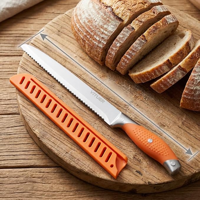 VITUER Bread Knife with Cover, 8 inch Serrated Bread Knife for homemade bread, Bread Cutter Ideal for Slicing Homemade Bread, Bagels, Cake (8-Inch Blade with 5-Inch Handle)