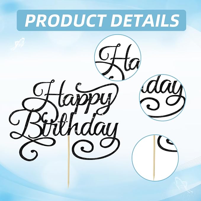 BEISHIDA Happy Birthday Cake Topper Black Glitter Happy Birthday Cake Bunting Decoration Birthday Party Cake Decoration Supplies, for Photo Booth Props