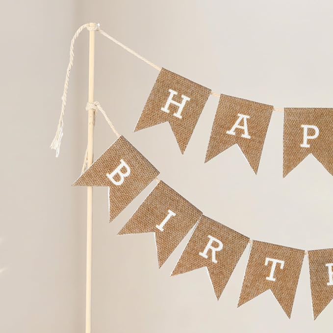 Tegeme Happy Birthday Cake Topper Burlap Cake Bunting Topper with Wood Pole Handmade Pennant Flags for Birthday, Bridal Party Decoration