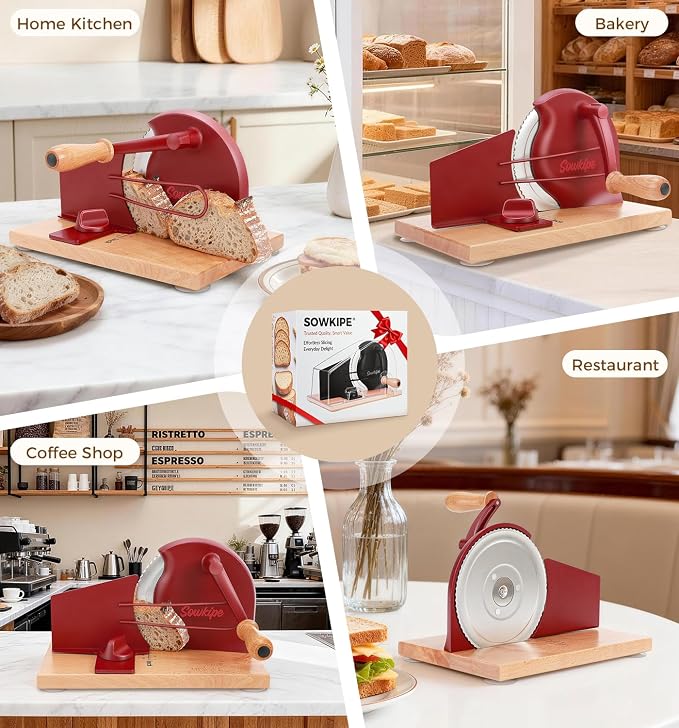 SOWKIPE Upgraded Manual Bread Slicer for Homemade Sourdough Bread, Adjustable Thickness Hand Crank Bread Cutter with Metal Guide, Scale Line, Even Slices, Suction Cups, Cover (Red)