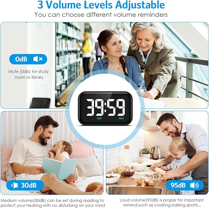 Digital Kitchen Timer, Digital Timer with Large LED Display, Magnetic Classroom Timer with Count Up Countdown, 3 Volume Levels for Cooking/Office/Kids/Work/Study, Black (Battery Included)