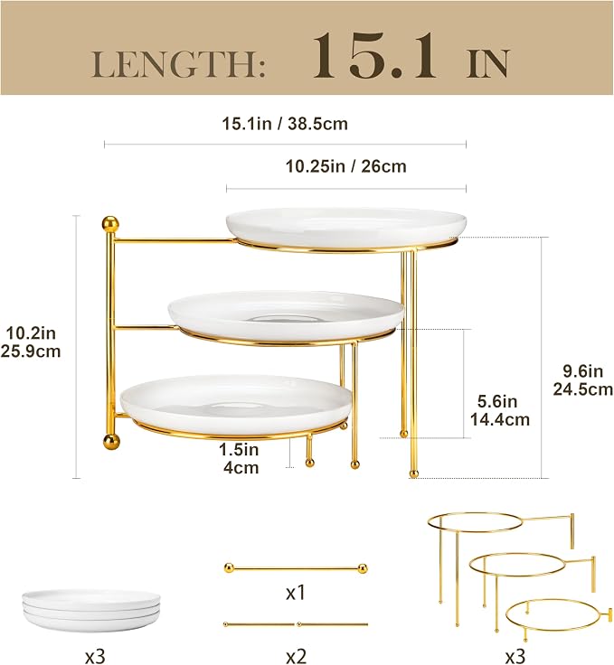 MALACASA White 3 Tier Serving Tray Stand with Gold Rack, 10 Inch Porcelain Tiered Dessert Stand, Cupcake Fruit Display Tower, Serving Platters for Party, Appetizer Tray, Dessert Table Display