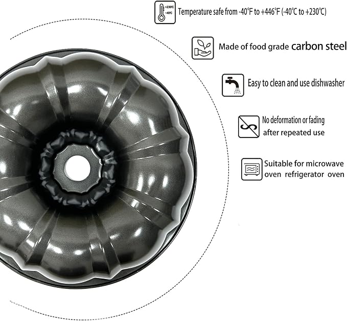 Kundalini Classic Bakeware 9.5 Inch Non-stick Fluted Cake Pan,Heavy Duty Carbon Steel Tube Baking Mold Gray