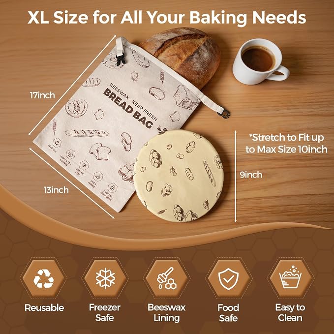 YARRAMATE Organic Beeswax Bread Bag & Bowl Cover Set, Reusable & Freezer Safe Bakery Essentials for Loaf Storage and Sourdough Proofing (17x13, 12 Inch)