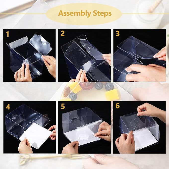 CYEAH 30Pcs Clear Cake Box, 6 x 6 x 5 Inch Bento Cake Box with Handle, Clear Gift Boxes with Ribbons & Stickers for Cake, Bakery Boxes Packaging Carriers for Cookie Candy Wedding Party