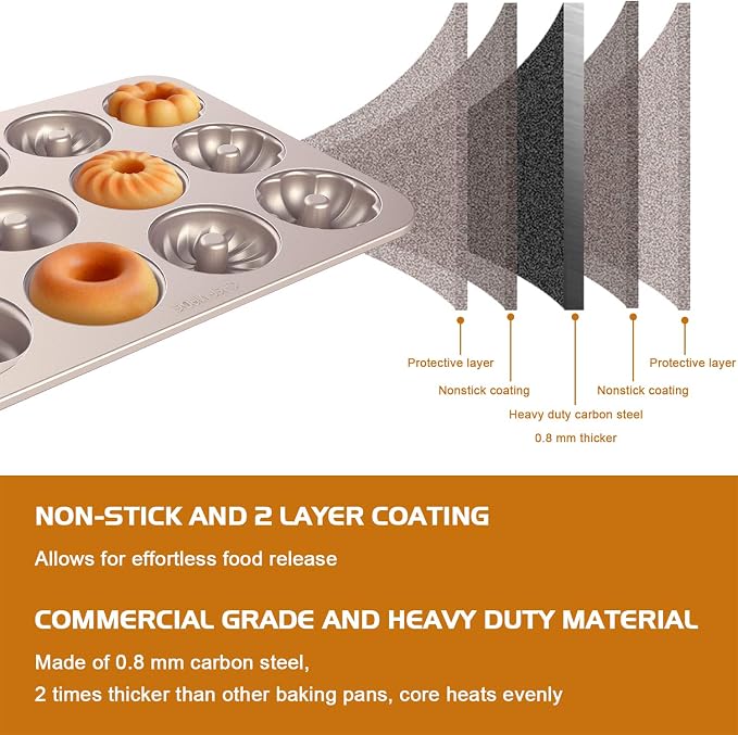 CHEFMADE Donut Mold Cake Pan, 12 Cavity Fluted Flower Cake Tin Pan Heavy Duty Steel Non-stick Flower Heart Shaped Bund Pans Pattern Doughnut Bakeware for Oven Baking (Champagne Gold)