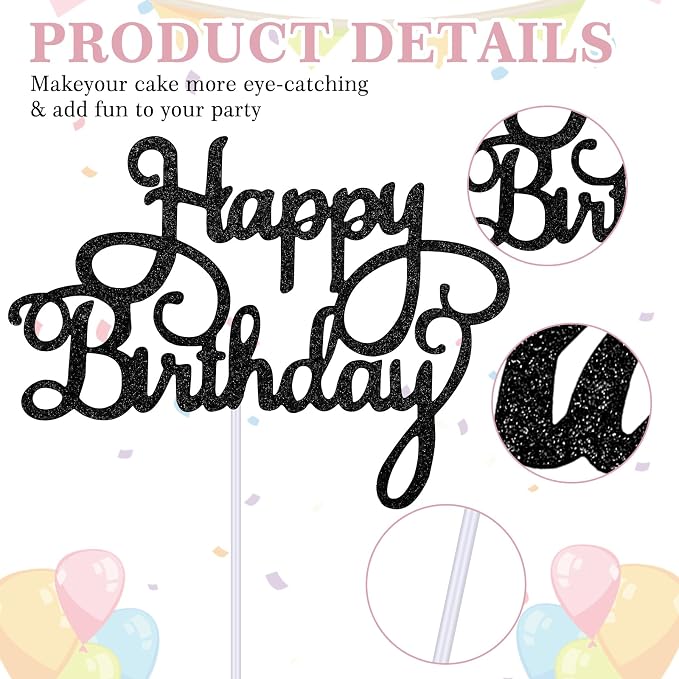 Piriuuo Happy Birthday Cake Topper Glitter 'Happy Birthday' Cake Pick Black