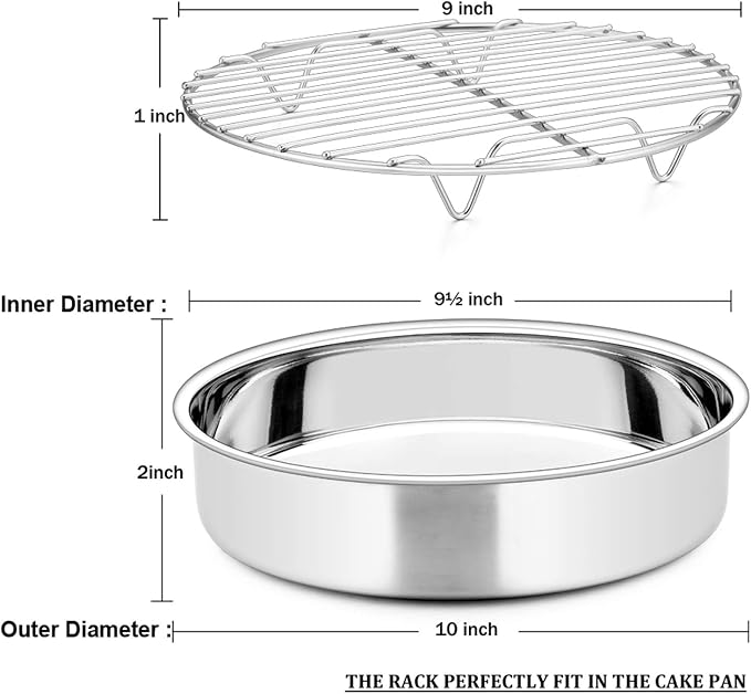 E-far 9½-inch Cake Pan with Rack Set, Stainless Steel Round Cake Pans and Baking Cooling Racks, Non Toxic & Healthy, Mirror Polished & Dishwasher Safe - 4 Pieces (2 Pans + 2 Racks)