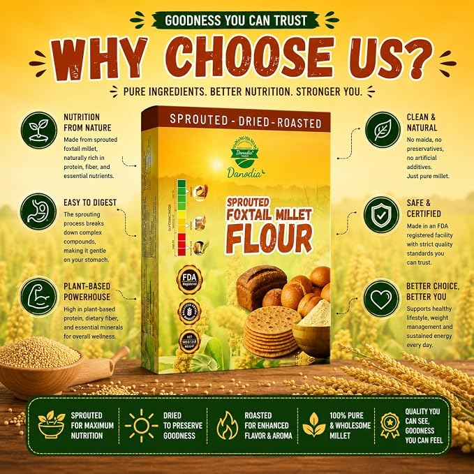 Danodia Foods Organic Foxtail Millet Flour 950g/2 lb | Gluten Free, Sprouted, Roasted & Ground Millet Flour | For Flatbread, Cookies, Pancakes, Baking & Indian Cooking | Low GI