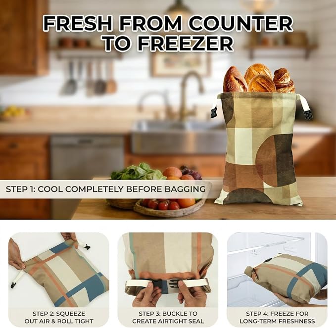 2 Pack Beeswax Bread Bags for Homemade Bread and Sourdough, XL 17x13in Reusable Cotton Storage Bags, Shadow Blocks & Windowpane Grid, Double-Layer Design with Beeswax Lining for Kitchen | Keeps loaves soft