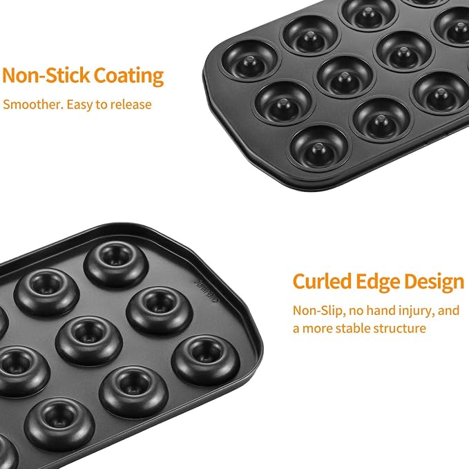 CHEFMADE Mini Donut Baking Pans, Non-Stick 12-Cavity Donut Pan, Carbon Steel Cake Baking Pan - BPA Free Mini Bagel Pan, Oven, Microwave, Freezer Safe
