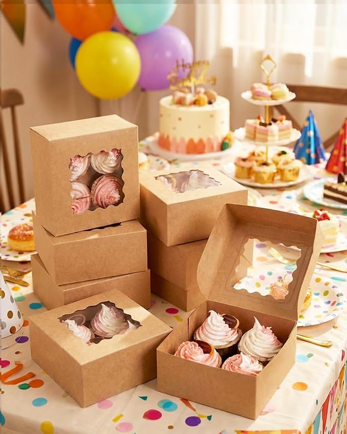 qiqee Auto-pop Up Cupcake Boxes with Window Brown 100PCS 4 Count Cupcake Box 6.3"x6.3"x3" Cupcakes Carrier, 4 Cupcake Containers