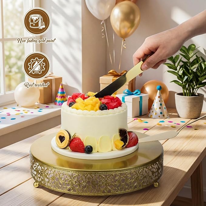 Wenqik 12 Inch Gold Cake Stand Set Metal Round Cupcake Dessert Stand with Cake Cutting, Spatula Wedding Cupcake Pastry Display Candy Holder Display for Wedding Party Birthday Baby Shower(Classic)