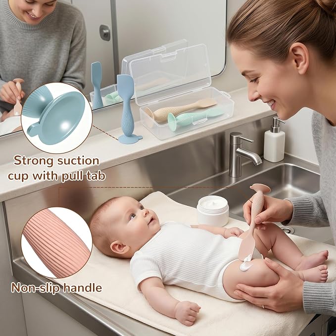 Baby Diaper Cream Spatula 4 Pack, Butt Spatula Baby with Travel Case, Soft Butt Paste Spatula with Suction Base, Portable Diaper Spatula，Perfect Baby Shower Gift