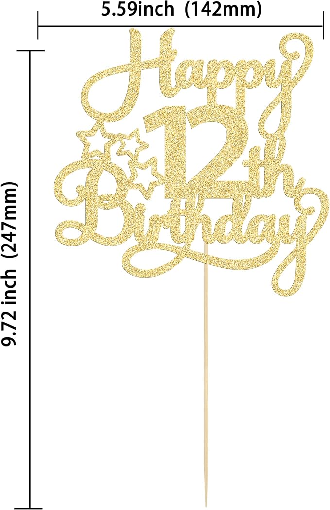 1 Pack Happy 12th Birthday Cake Topper Glitter Heart Star 12 Fabulous Cake Pick Birthday Sign Cake Decorations for Children 12th Birthday Theme Party Supplies Gold