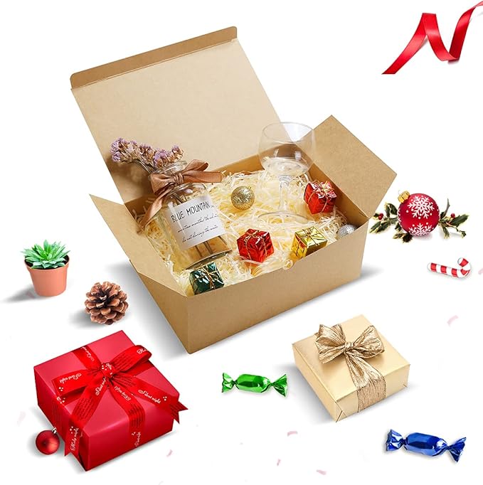 Frantis Brown Gift Boxes 9.45x6.5x4 Inches 10 Pack， Paper Gift Box with Lids for Bridesmaid Gifts, Birthday, Party, Christmas，Wedding, Crafting Cupcake Boxes, With 66 FT Twine
