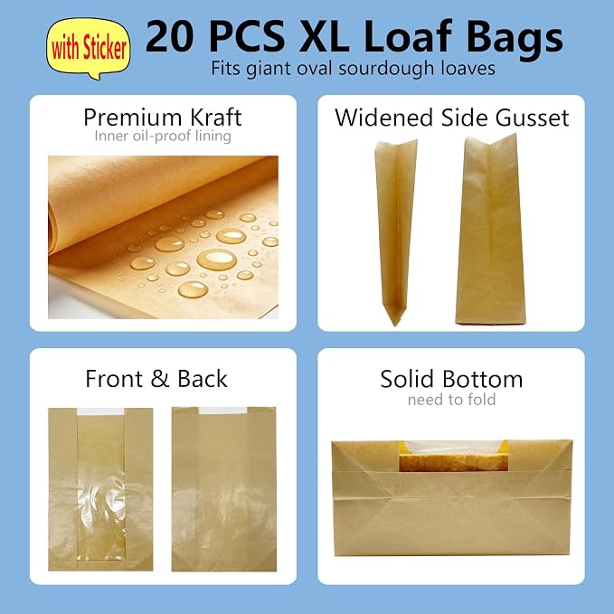 Extra Large Paper Bread Bags for Homemade Bread with Window & Sticker for XL Sourdough Breads, Round Loaf, Baked Goods, Oval Loaves, Brown Kraft - 20 Pcs 16x10x5 Inch