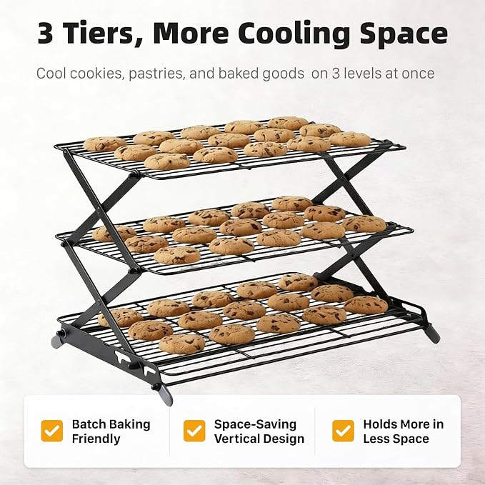 3 Tier Cooling Rack, Collapsible Adjustable Height Wire Baking Rack with Stable X-Leg Design, Space-Saving Cooling Racks for Cooking and Baking Cookies, Cakes & Pastries, 17.1" x 9.8", Black