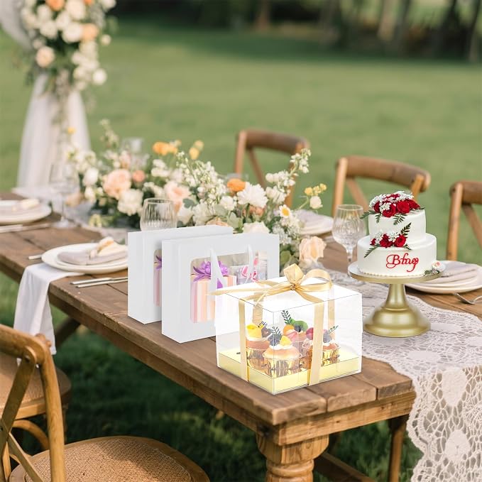 EUSOAR Cupcake Containers, 18 Pack Gold Bakery Mini Cake Take out Boxes 4 Count with Gift Ribbon, Assembly Plastic Dessert Pastry Holder Disposable Cookies Wrappers for Birthday Wedding Party Favors