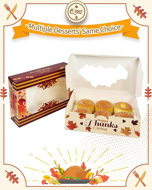 qiqee Thanksgiving Cookie Box with Window 9x6x2.5 inch 15Pcs Pastry Macaron Thanksgiving Leaves Bakery Box For Thanksgiving Day