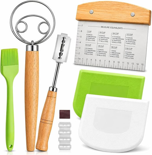 BOORIKA Sourdough Bread Baking Tool Set with Danish Dough Whisk, Bread Lame & Blades, Bench Scraper, Dough Scrapers and Silicone Brush – Sourdough Starter Kit