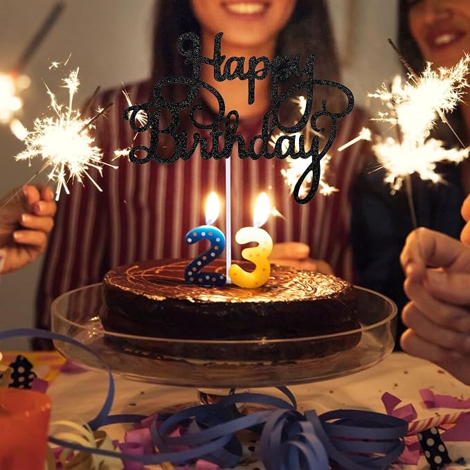 Piriuuo Happy Birthday Cake Topper Glitter 'Happy Birthday' Cake Pick Black