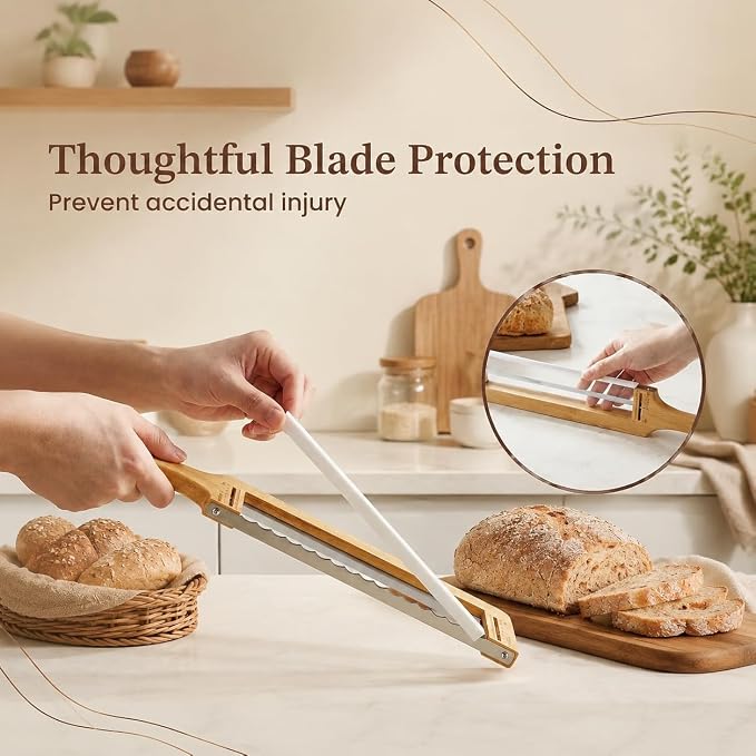 Adjustable Bread Knife for Homemade Bread - Bread Slicer with 1/2-inch and 1-inch Thickness Guides - 17 inch Bread Cutter-Bow Design （Natural Red Wood）