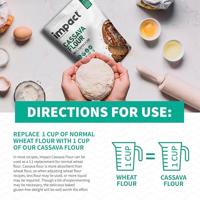 Impact - Conventional Cassava Flour, Gluten, Grain, Dairy, Soy & Nut Free, Vegan, Non-GMO, Fine Texture, All-Purpose Baking Flour - 2lb Resealable Bag