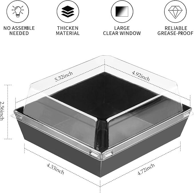 Ocmoiy Small Charcuterie Boxes with Clear Lids, To Go Paper Disposable Food Containers, 5 Inches Bakery Dessert Boxes for Sandwich, Cookie, Pastry, Cake Slice (Black, 50ct)