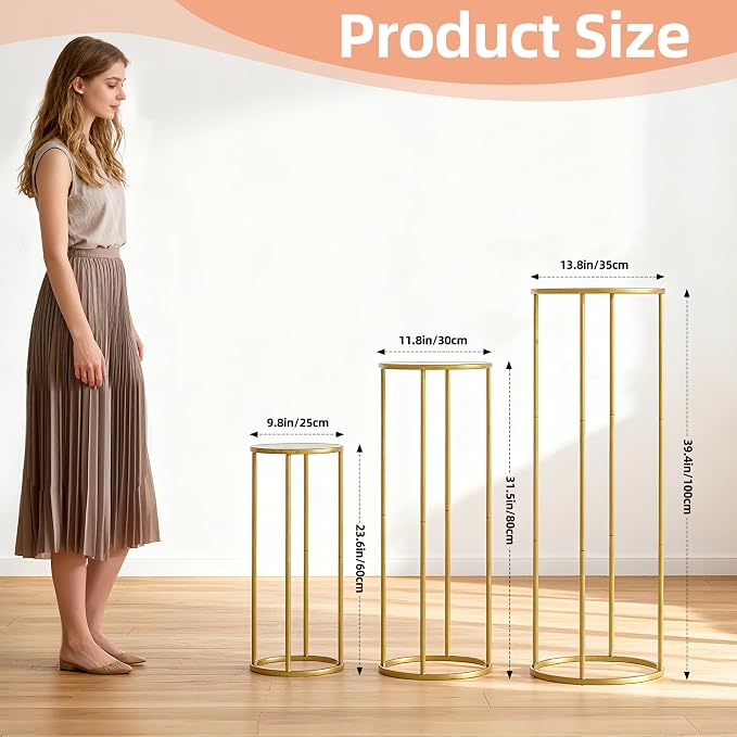 Urban Deco 3Pcs Cylinder Stands for Party, Round Pedestal Stand for Parties with Removable Acrylic Tops, Gold Metal Cake Stands, Cilindros para Fiestas for Birthday Party Wedding Baby Shower Decor