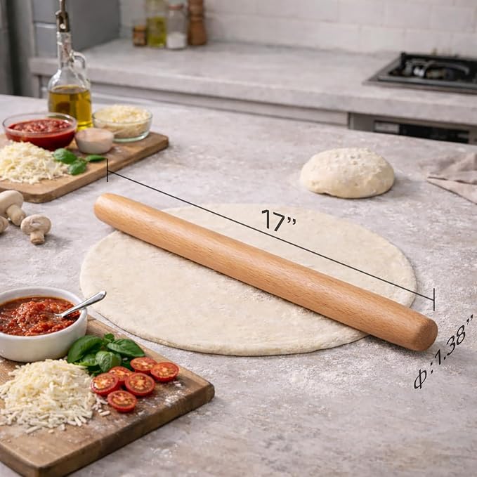 17.1 Inch French Rolling Pin – Smooth One-Piece Wooden Dough Roller for Baking, Cookies, Pizza Dough & Pastry
