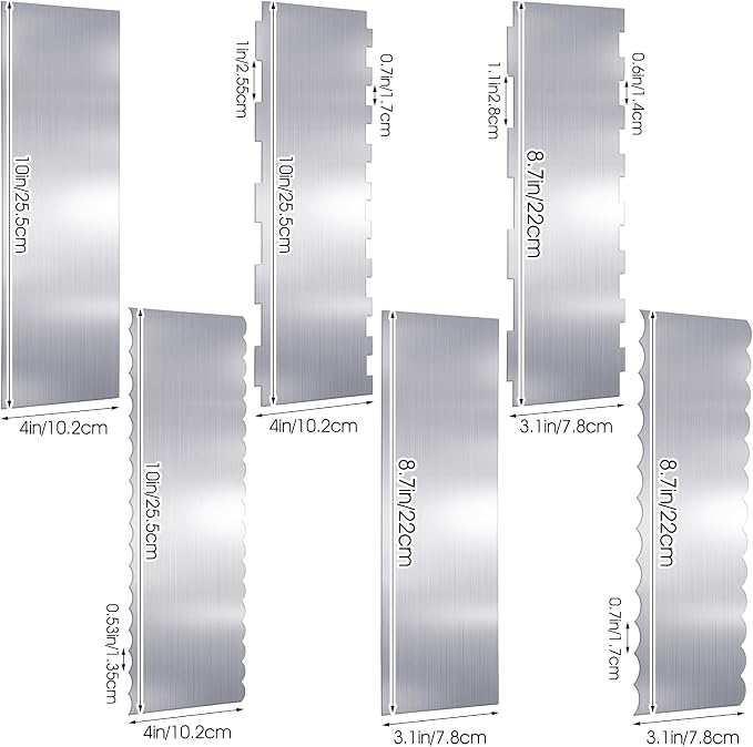 6 Pcs Stainless Steel Cake Scraper, 10 Inch & 9 Inch Large Double Sided Patterned Edge Stripe Edge Smoother Scraper Cake Decorating Comb Metal Pastry Cutter for Butter Mousse Cream Decoration