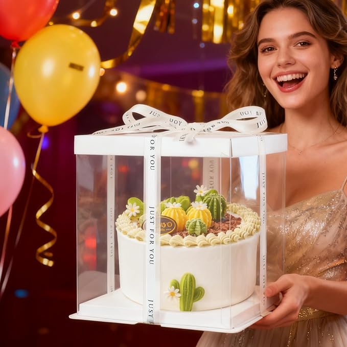 8Pcs Clear Cake Box with Ribbon 2-Layer 10x10x9 Inch, Transparent Cake Box with Lids, Tall Cake Boxes, Transport Gift Boxes for Birthday Wedding Valentine'Day.(Clear, 10 * 10 * 9inch/8pcs)
