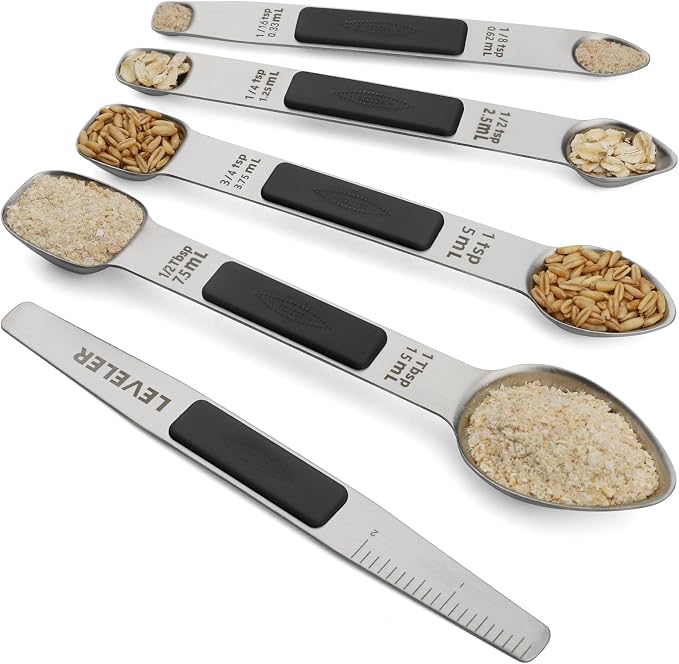 Magnetic Measuring Spoons Set Stainless Steel Double Sided Measuring Spoons with 1 Leveler Measuring Teaspoon Tablespoon for Dry and Liquid Ingredients (5, Black)