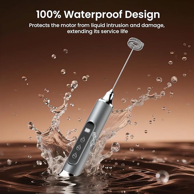 YUSWKO Milk Frother Wand for Coffee, Coffee Frother Handheld Drink Mixer | Rechargeable Mixer Wand, Waterproof Electric Whisk for Protein Powder, Lattes, Cappuccino, 3 Variable Speeds 3 Whisks, Silver