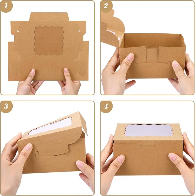 Moretoes 24pcs Bakery Boxes, 6x6x3in Brown Cookie Boxes, Mini Cake Boxes with Window, Pastry Boxes for Party, Wedding, Birthday Day (with 24 Sheets of Parchment Paper and 2 Blank Stickers)