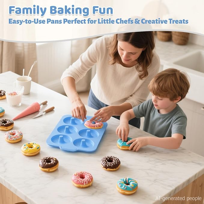 Nonstick Silicone Donut Pan: 3.5 Inch Large Donut Mold with Metal Frame - Bagel Doughnut Pan for Baking Gluten Free Glazed Vegan - for Oven Housewife Home Baker Baking Lovers (Blue)