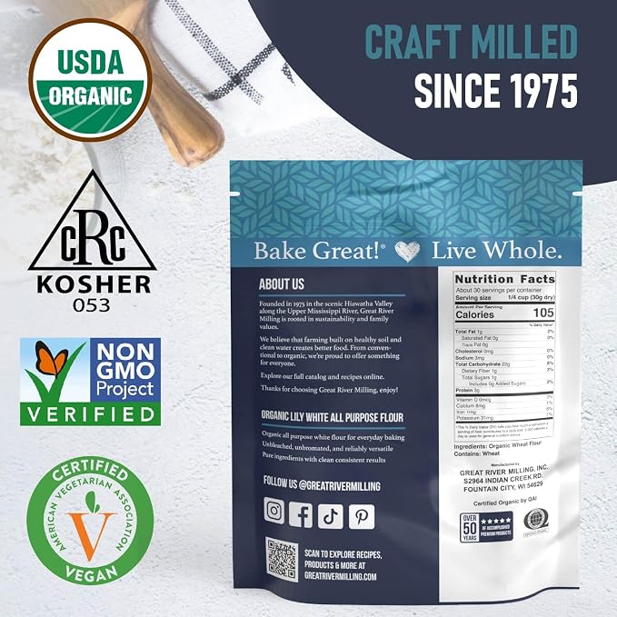 Great River Milling Lily White Organic All-Purpose Flour | Unbleached & Unbromated | Non-GMO, Kosher | Ideal for Bread, Cookies, Cakes, Pizza Dough & Everyday Baking | 2 Lb