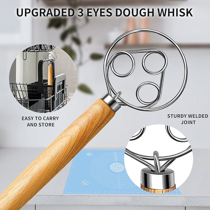 TEEVEA Danish Dough Whisk Stainless Steel for Sourdough Bread Baking | Wooden handle, sturdy stainless steel ring; ideal for sourdough, pizza dough & pastry, non-clumping mixing, easy to clean