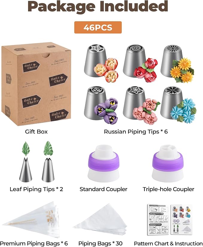 Bake Choice 46 Pcs Russian Piping Tips Set, Upgraded Piping Bags and Tips Set, Cake Decorating Kit with 6 Russian Piping Tip, 2 Leaf Piping Tip, 2 Couplers, 36 Piping Bags for Cupcake, Cookie, Baking