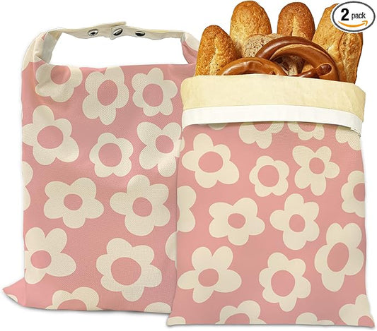 Beeswax Bread Bags, 2 Pack for Homemade Bread and Sourdough Storage | Abstract Pink, Reusable Polyester Bread Storage With Beeswax Coating And Snap Closures