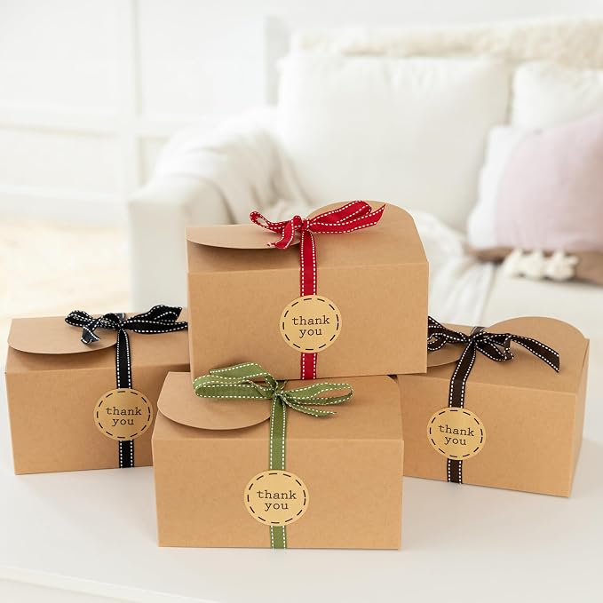 Large Brown Kraft Cookie Boxes with Ribbons & Sticker (20 Pack) 9” x 5.5” Decorative Craft Gift Boxes for Baked Goods, Candy, Bread Loaf, Small Treats, Christmas, Food Packaging, Empty, Bulk, Foldable