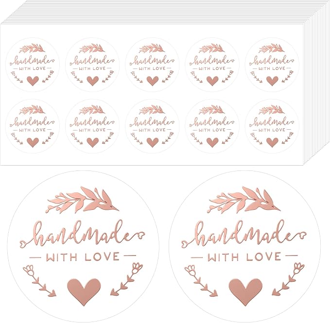 100PCS Handmade with Love Stickers, 1.6" Transparent Rose Gold Foil Labels | Made with Love Stickers for Bakery, Cookies, Boutique, Cake Boxes, Bread, Bakery, Candle, , Small Business